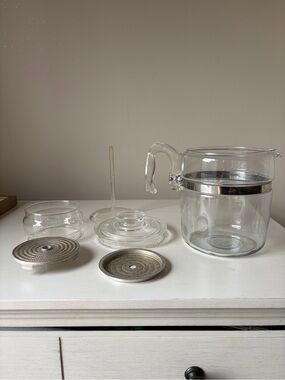 Pyrex Clear Glass Tea Pot with Metal Band and Accessories